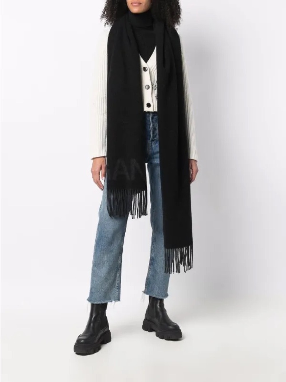 Ganni Black Fringe Logo Scarf